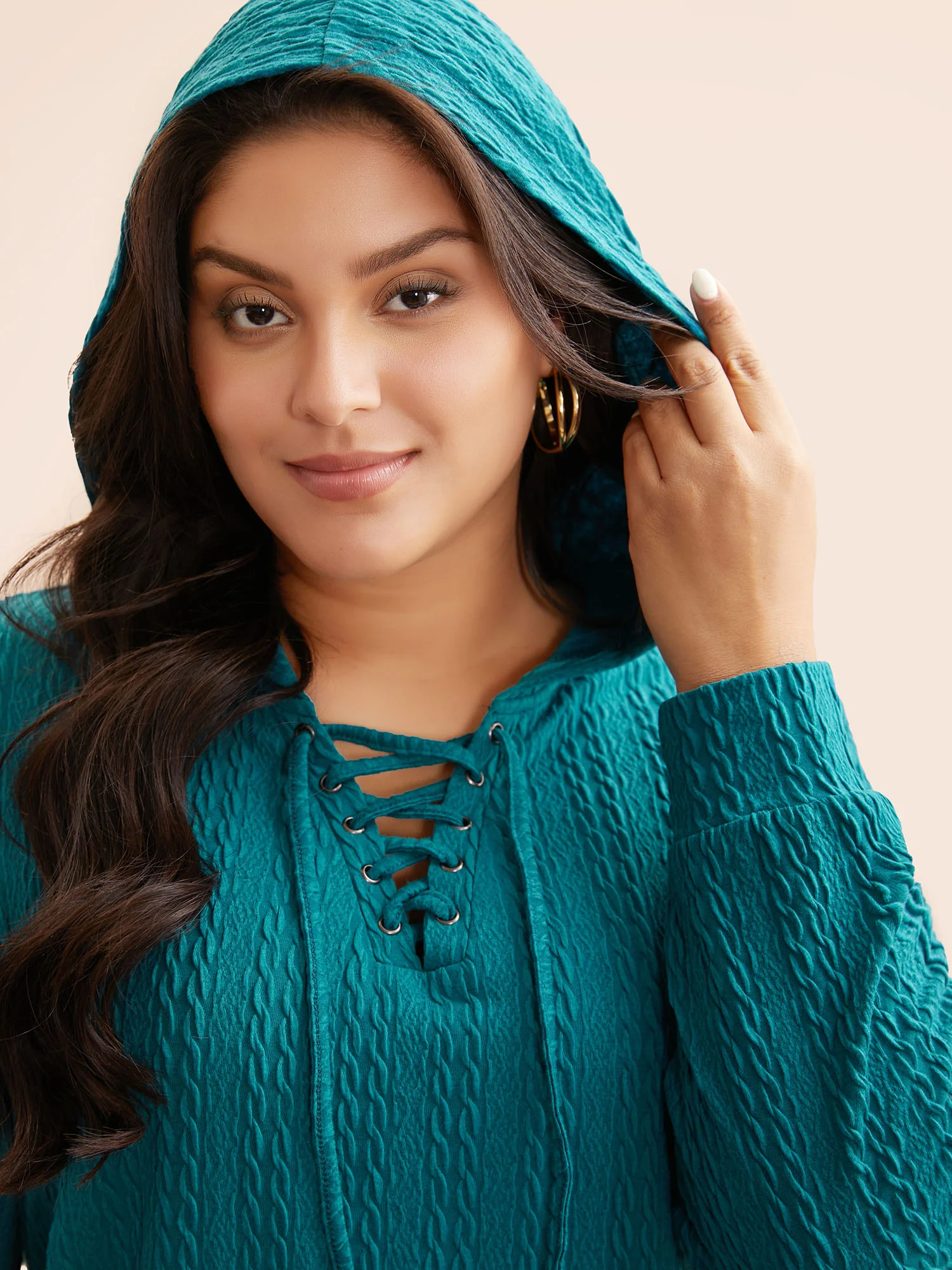 Plain Textured Lace Up Hooded Sweatshirt - Image 5