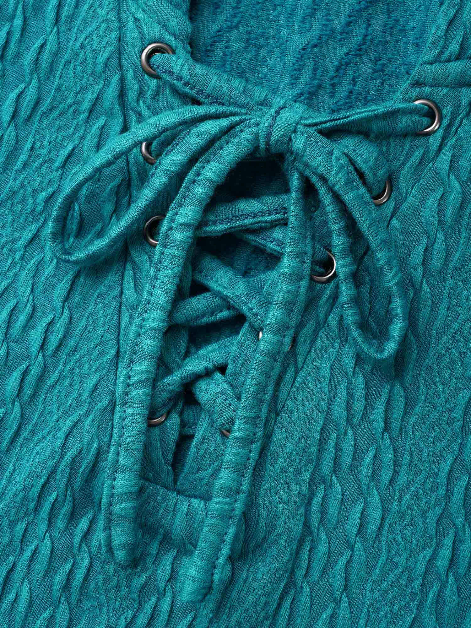 Plain Textured Lace Up Hooded Sweatshirt - Image 6