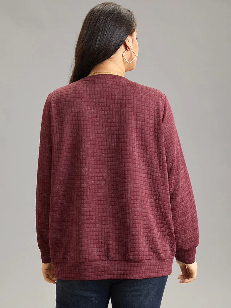 Plain Textured Notched Button Detail Sweatshirt - Image 2