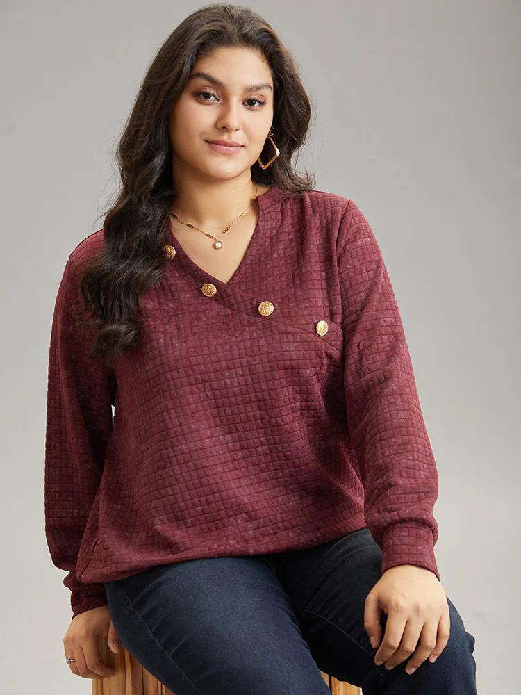 Plain Textured Notched Button Detail Sweatshirt - Image 3