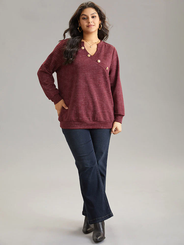 Plain Textured Notched Button Detail Sweatshirt - Image 4