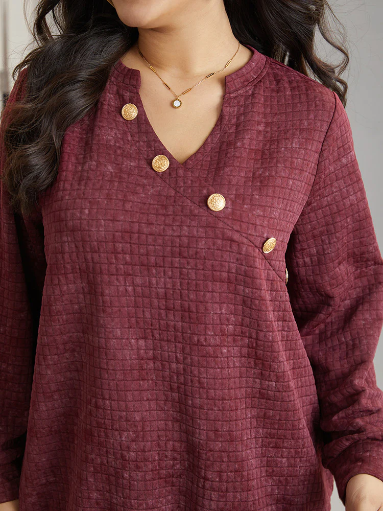 Plain Textured Notched Button Detail Sweatshirt - Image 5