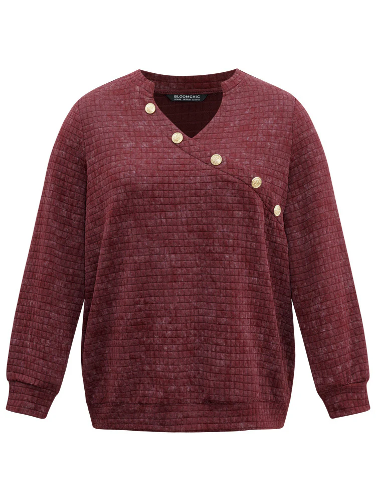 Plain Textured Notched Button Detail Sweatshirt - Image 6