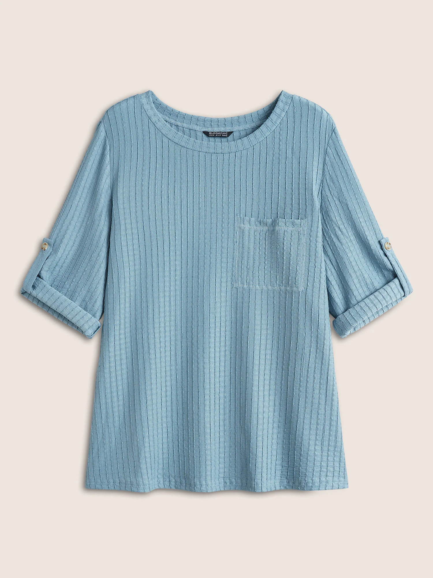 Plain Textured Patched Pocket Tab Sleeve T-shirt - Image 7