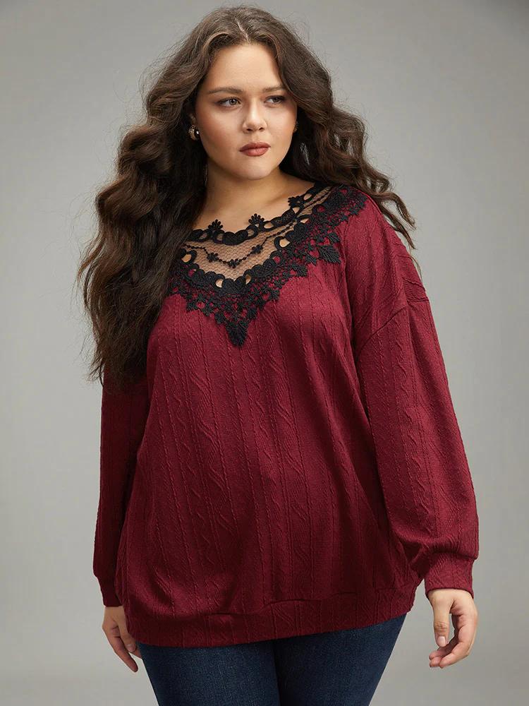 Plain Textured Patchwork Lace Panel Sweatshirt - Image 3