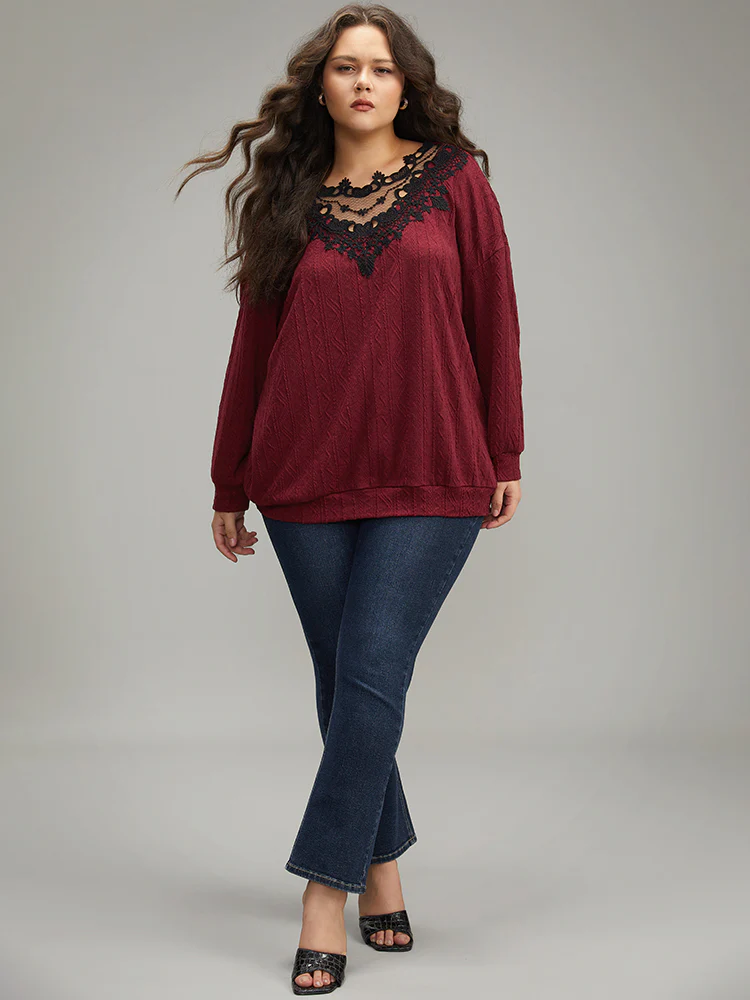 Plain Textured Patchwork Lace Panel Sweatshirt - Image 4