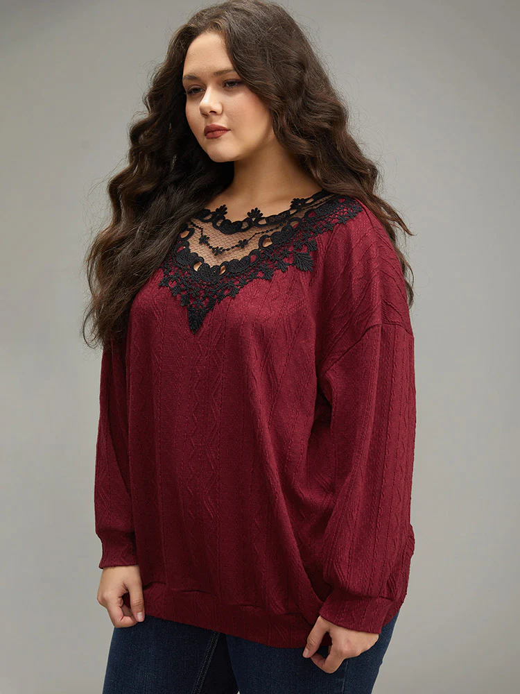 Plain Textured Patchwork Lace Panel Sweatshirt - Image 5
