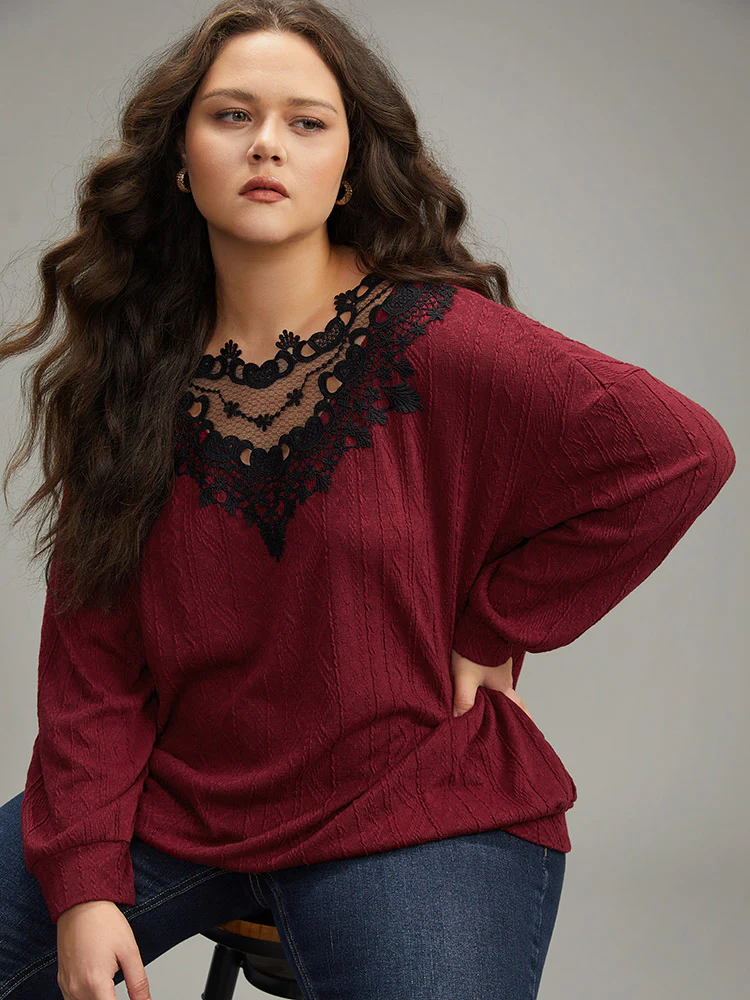 Plain Textured Patchwork Lace Panel Sweatshirt - Image 6