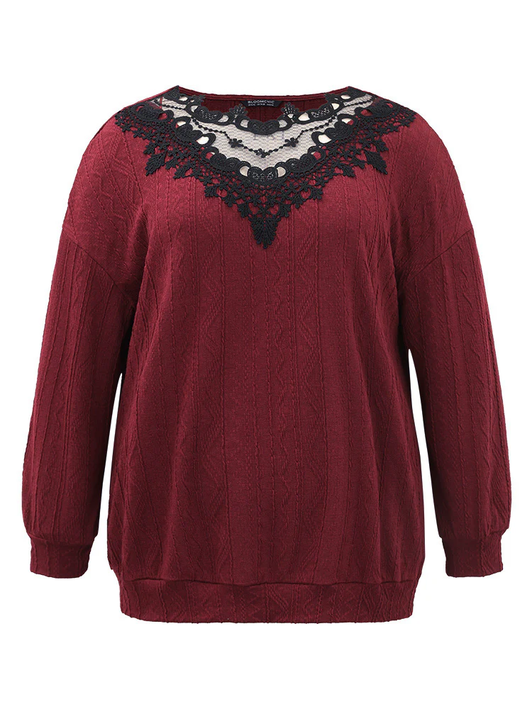 Plain Textured Patchwork Lace Panel Sweatshirt - Image 8