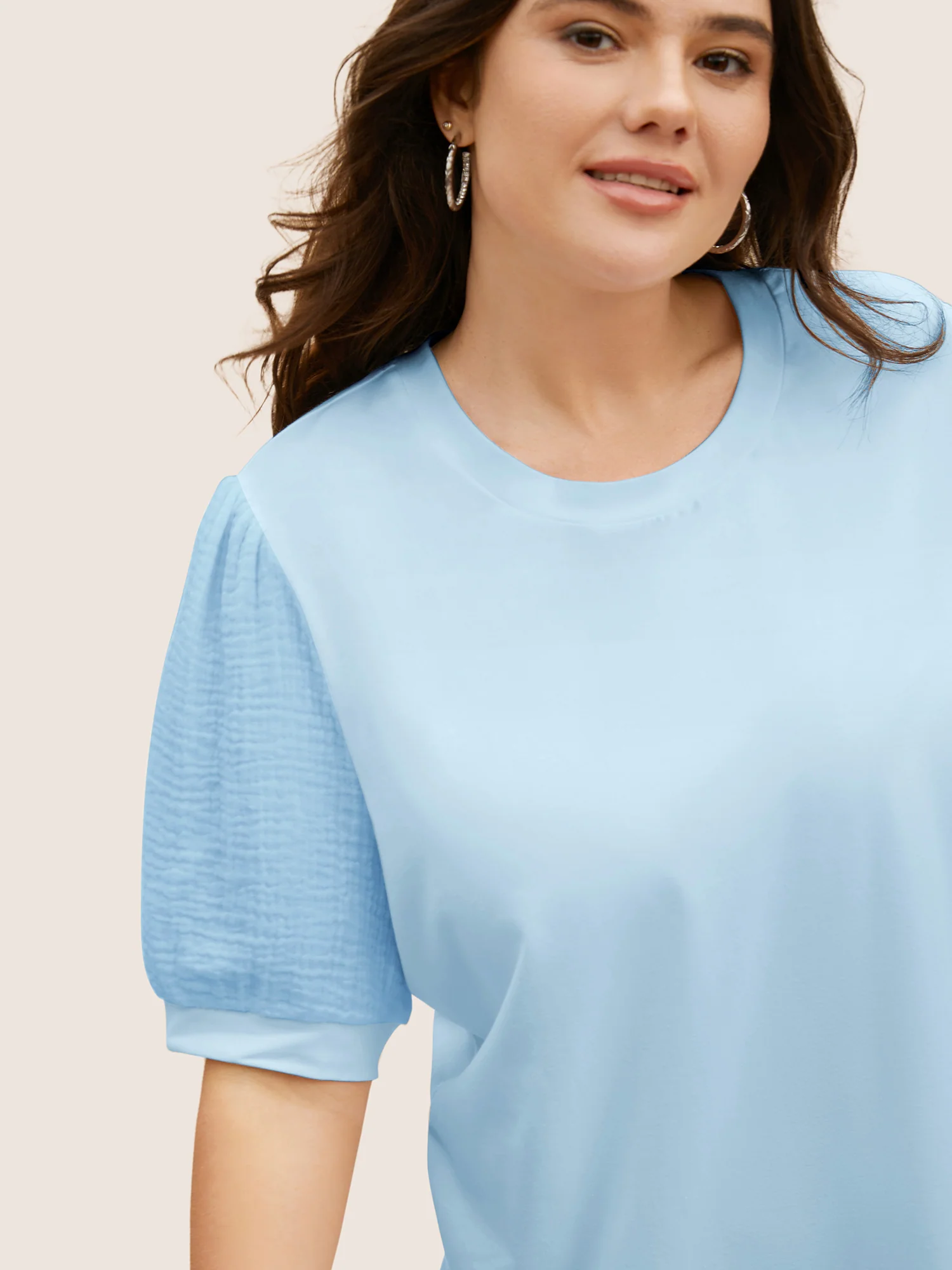 Plain Textured Patchwork Lantern Sleeve T-Shirt - Image 10