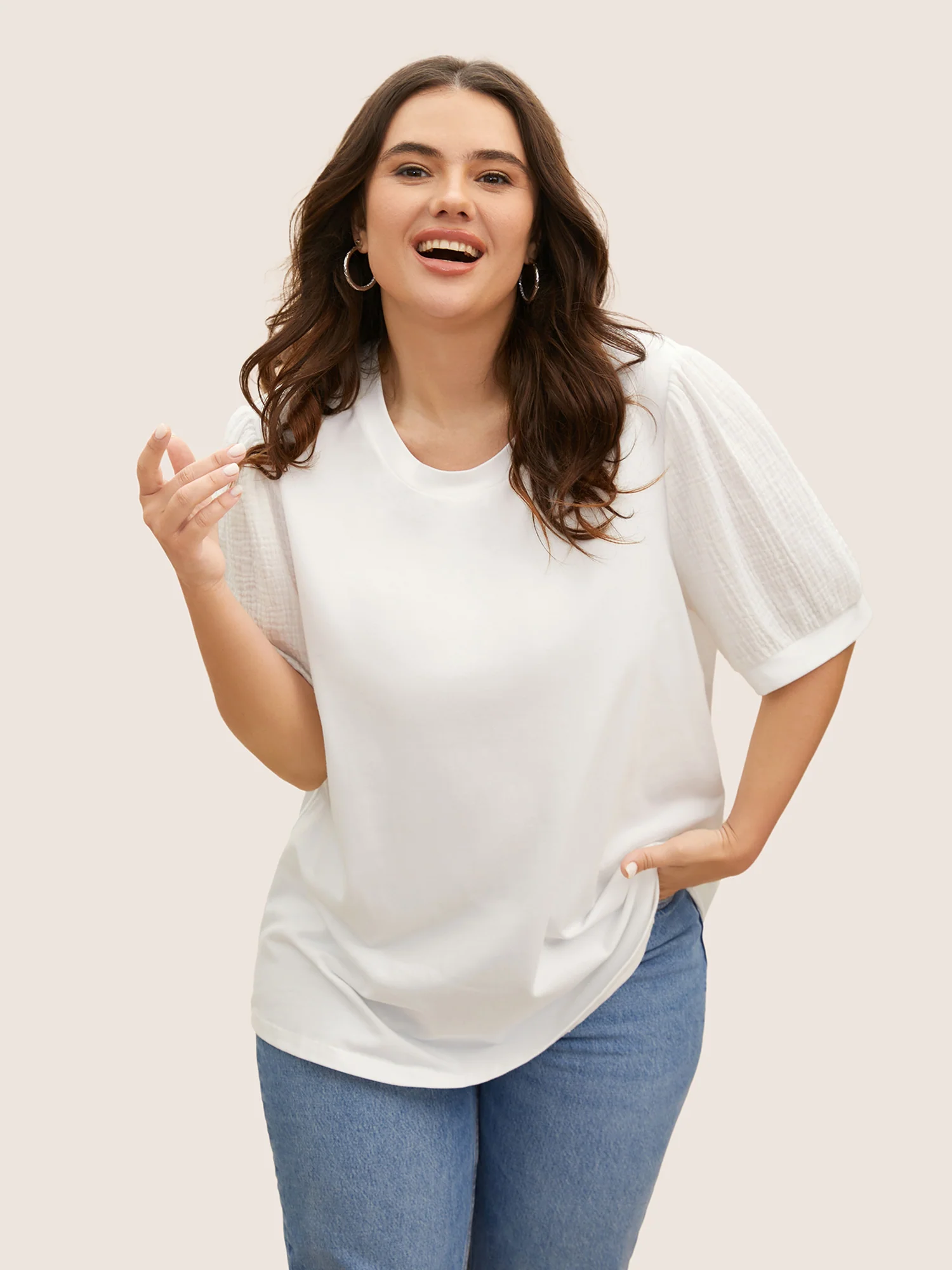 Plain Textured Patchwork Lantern Sleeve T-Shirt - Image 11