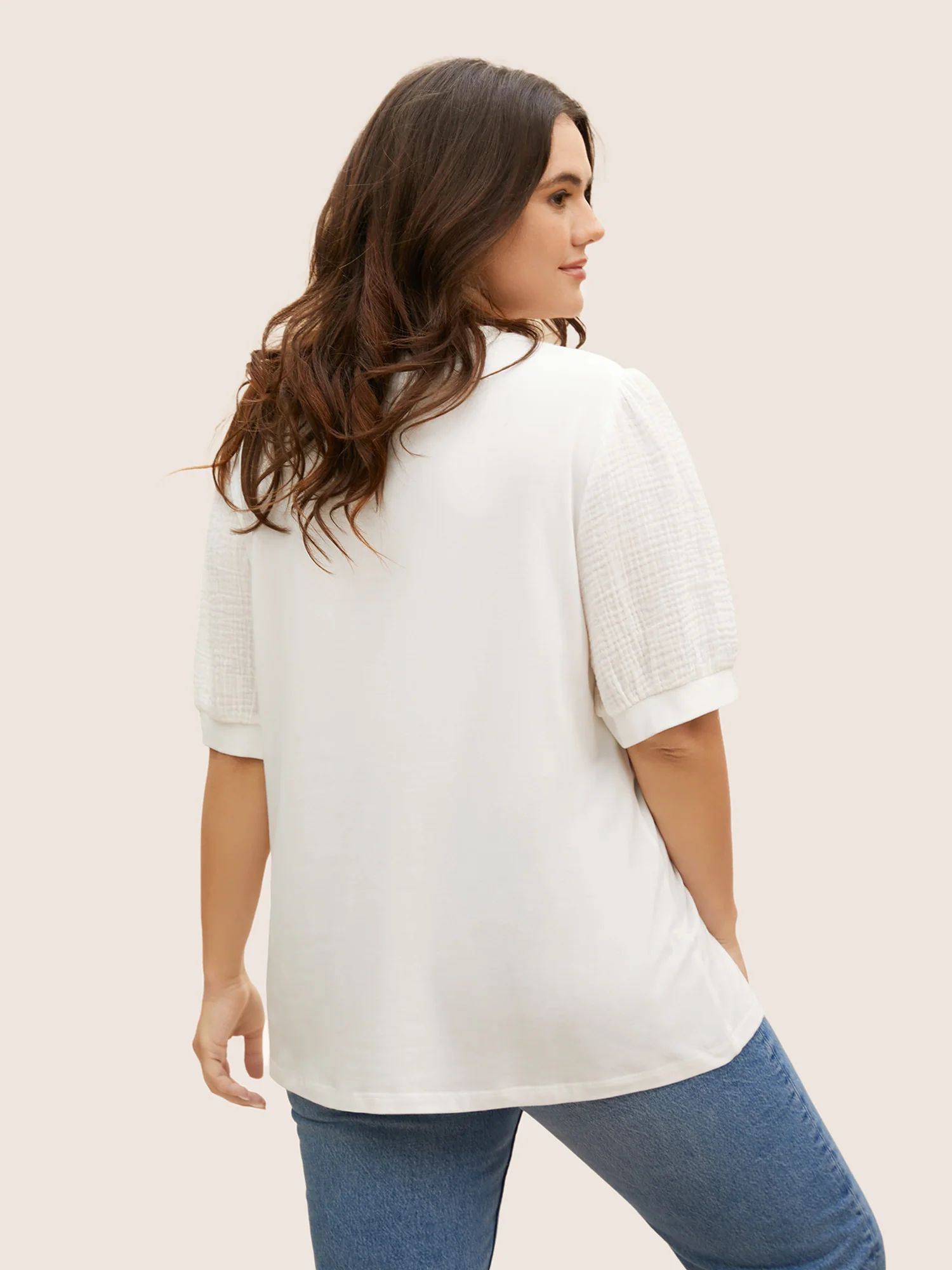 Plain Textured Patchwork Lantern Sleeve T-Shirt - Image 12