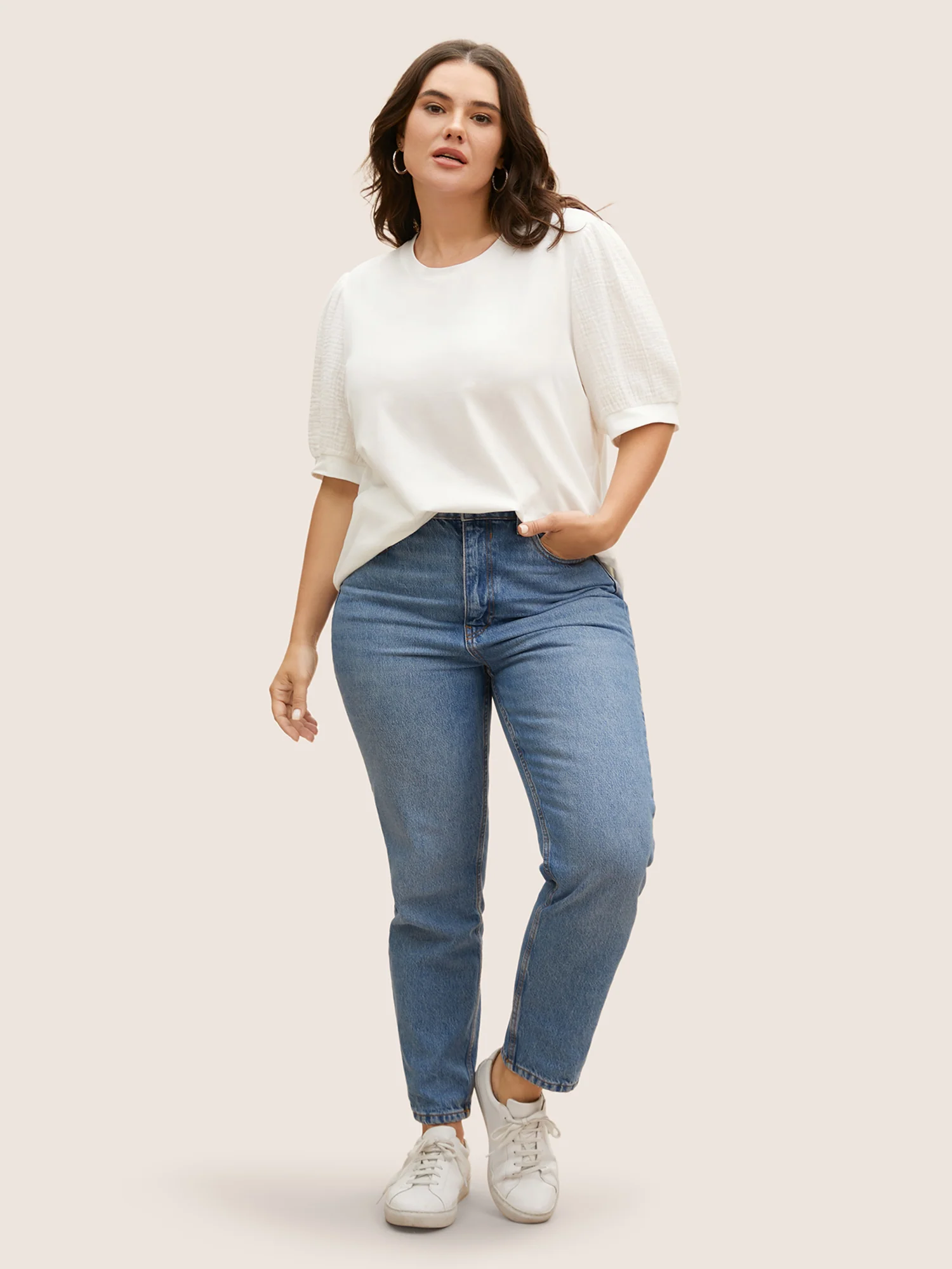 Plain Textured Patchwork Lantern Sleeve T-Shirt - Image 13