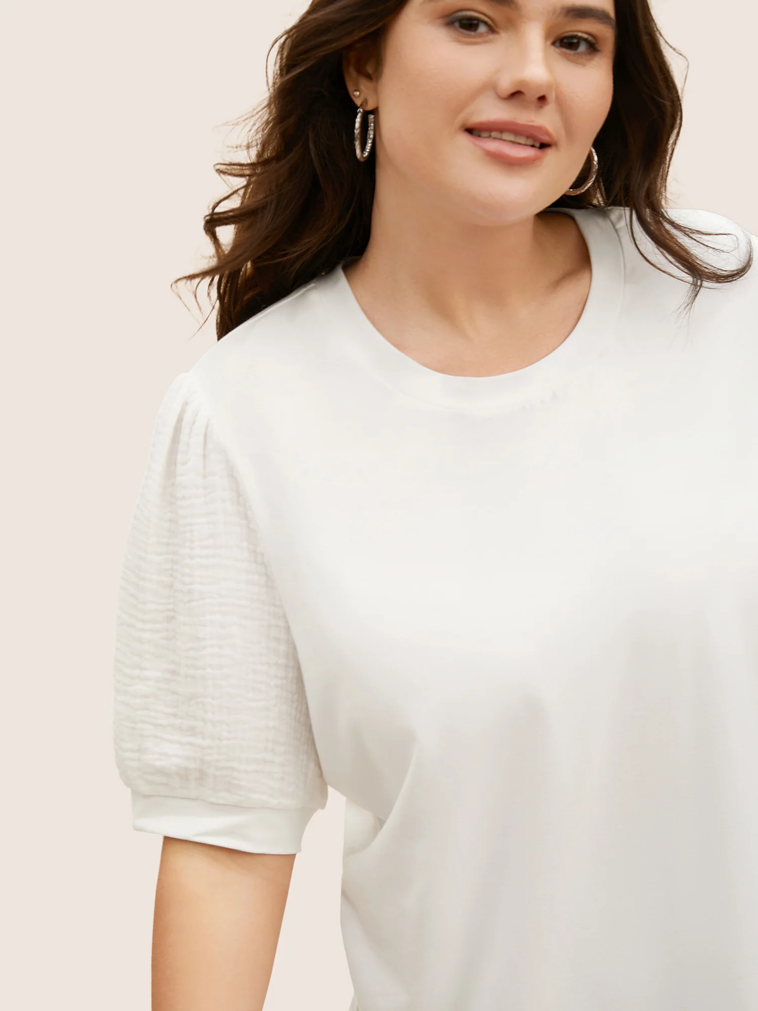 Plain Textured Patchwork Lantern Sleeve T-Shirt - Image 14
