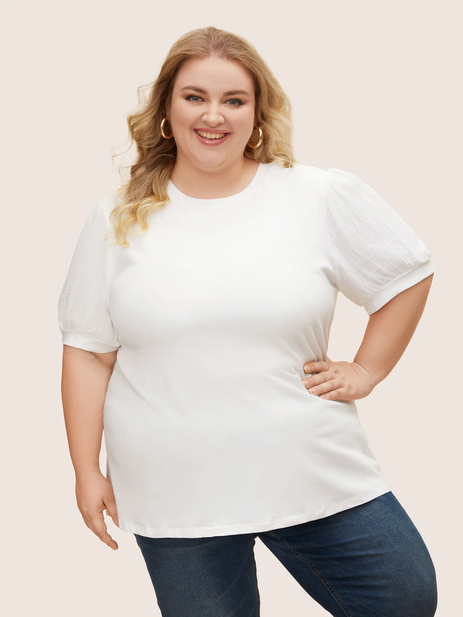 Plain Textured Patchwork Lantern Sleeve T-Shirt - Image 17