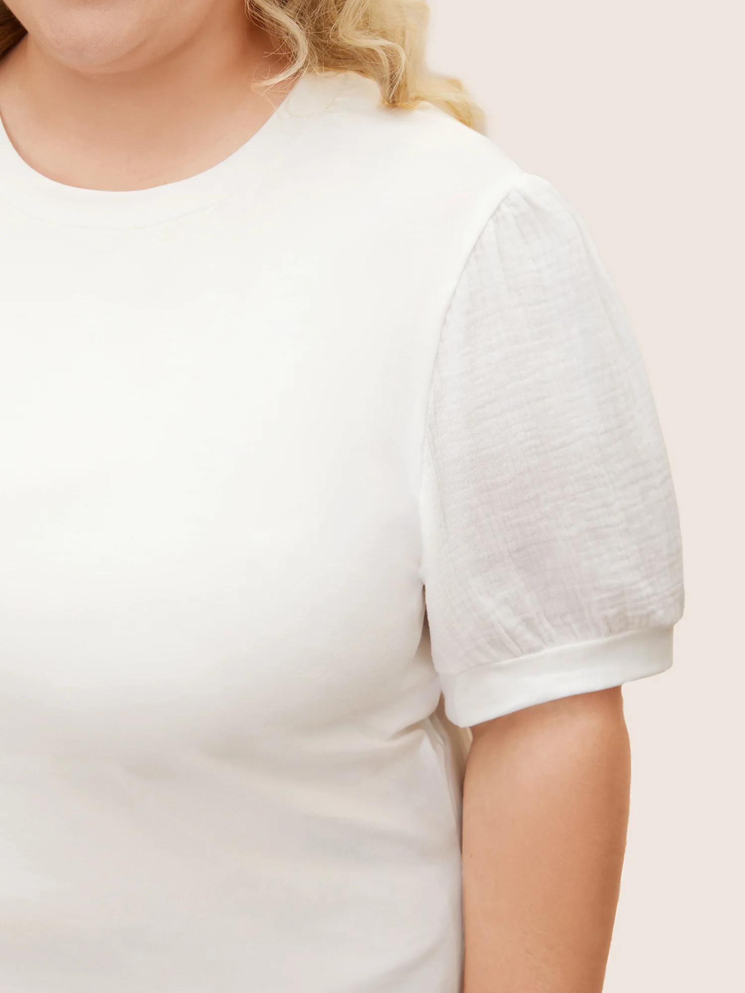 Plain Textured Patchwork Lantern Sleeve T-Shirt - Image 19