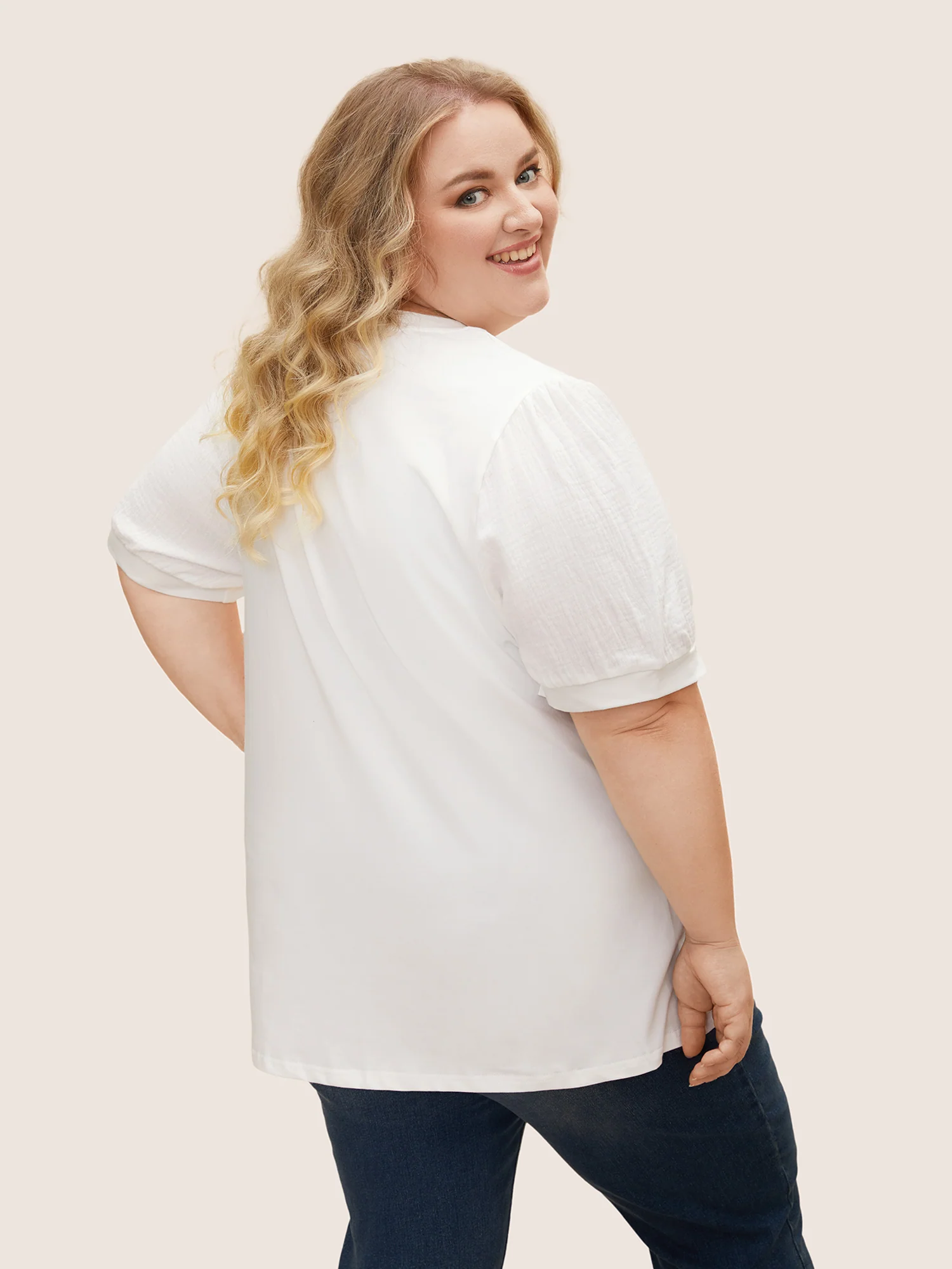 Plain Textured Patchwork Lantern Sleeve T-Shirt - Image 20