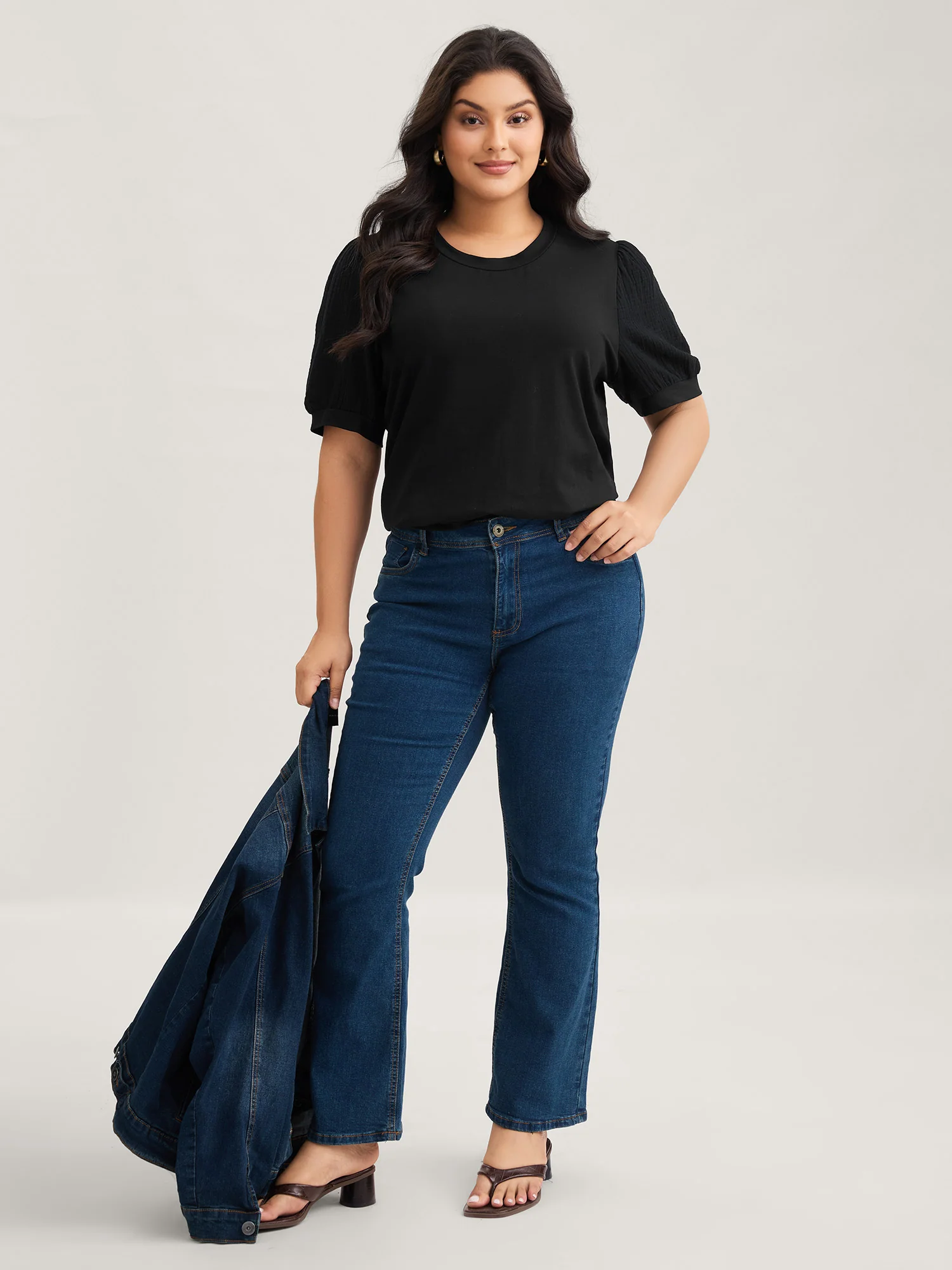 Plain Textured Patchwork Lantern Sleeve T-Shirt - Image 3