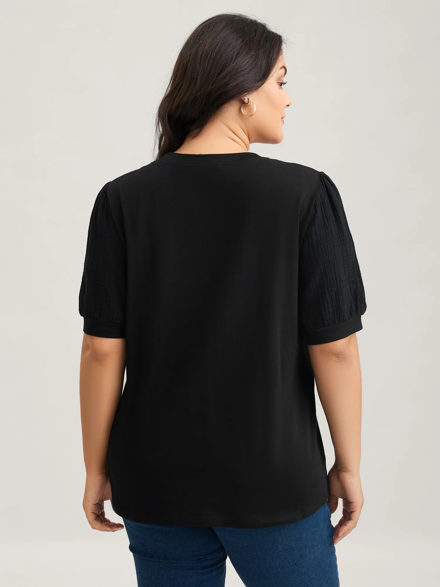 Plain Textured Patchwork Lantern Sleeve T-Shirt - Image 4