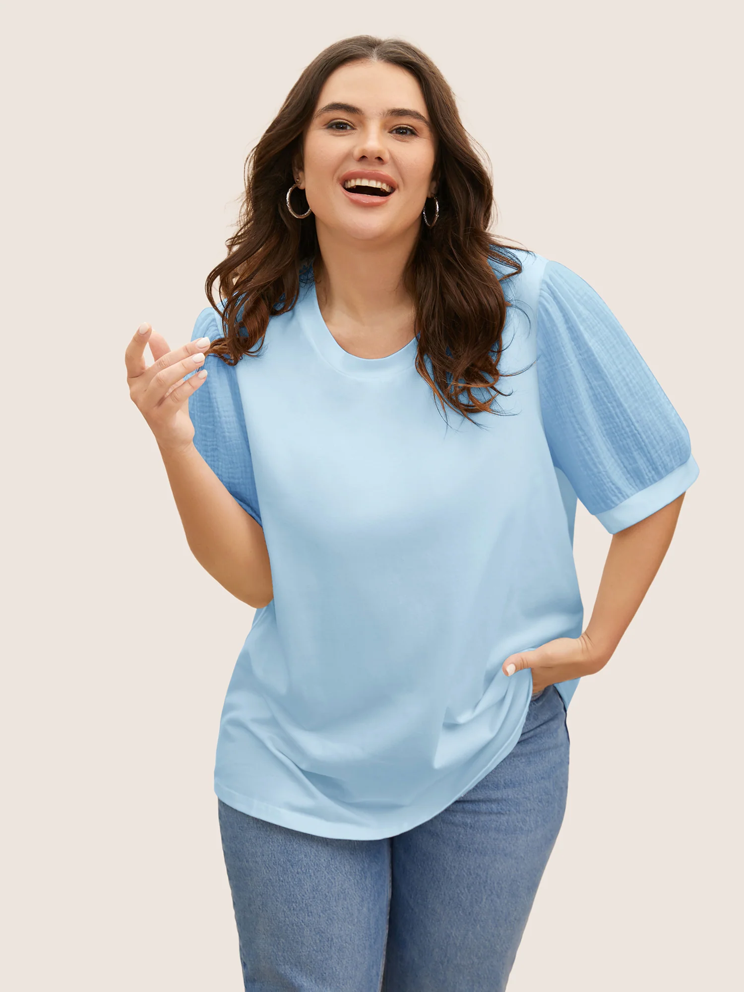 Plain Textured Patchwork Lantern Sleeve T-Shirt - Image 7