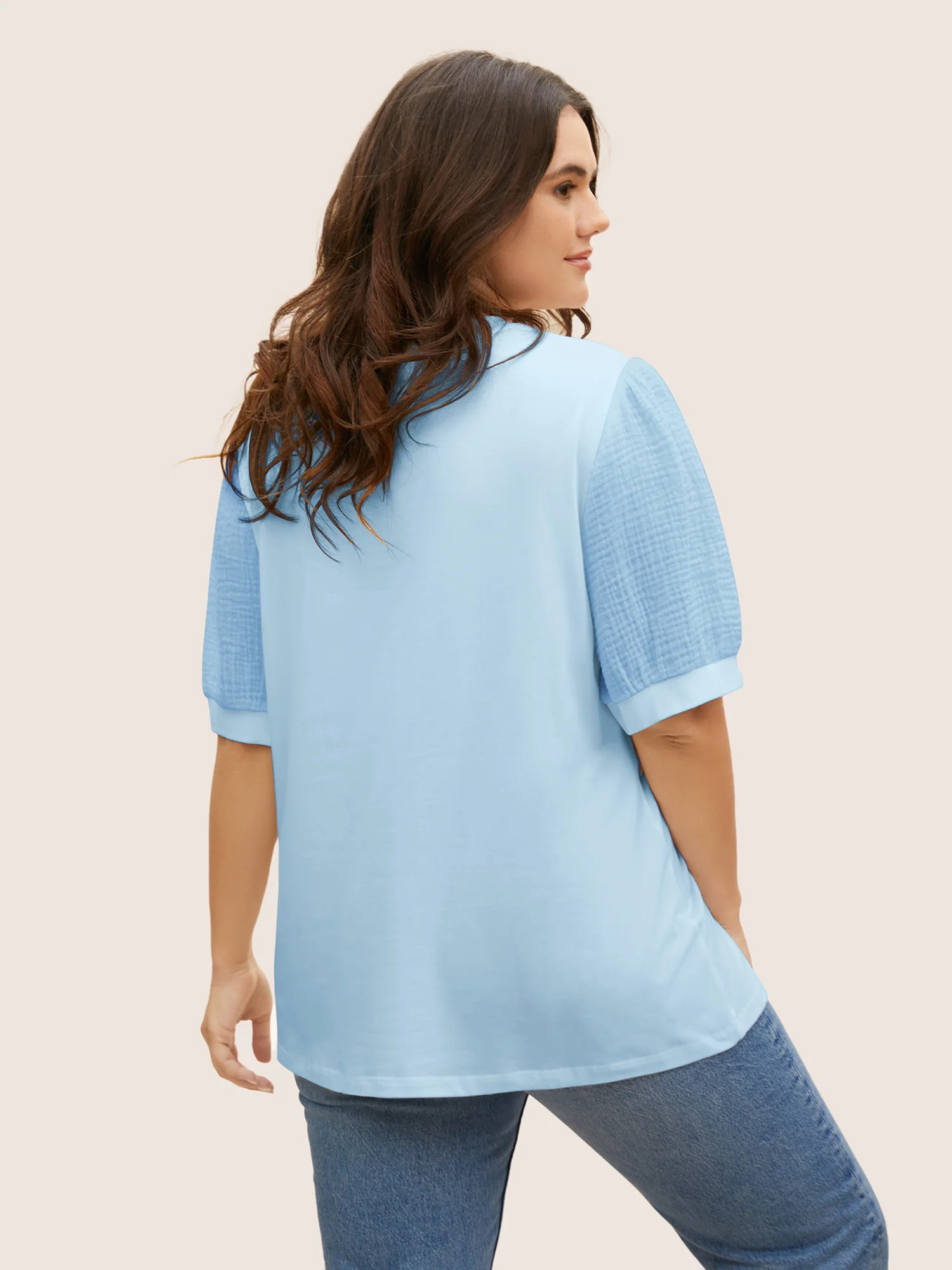 Plain Textured Patchwork Lantern Sleeve T-Shirt - Image 8