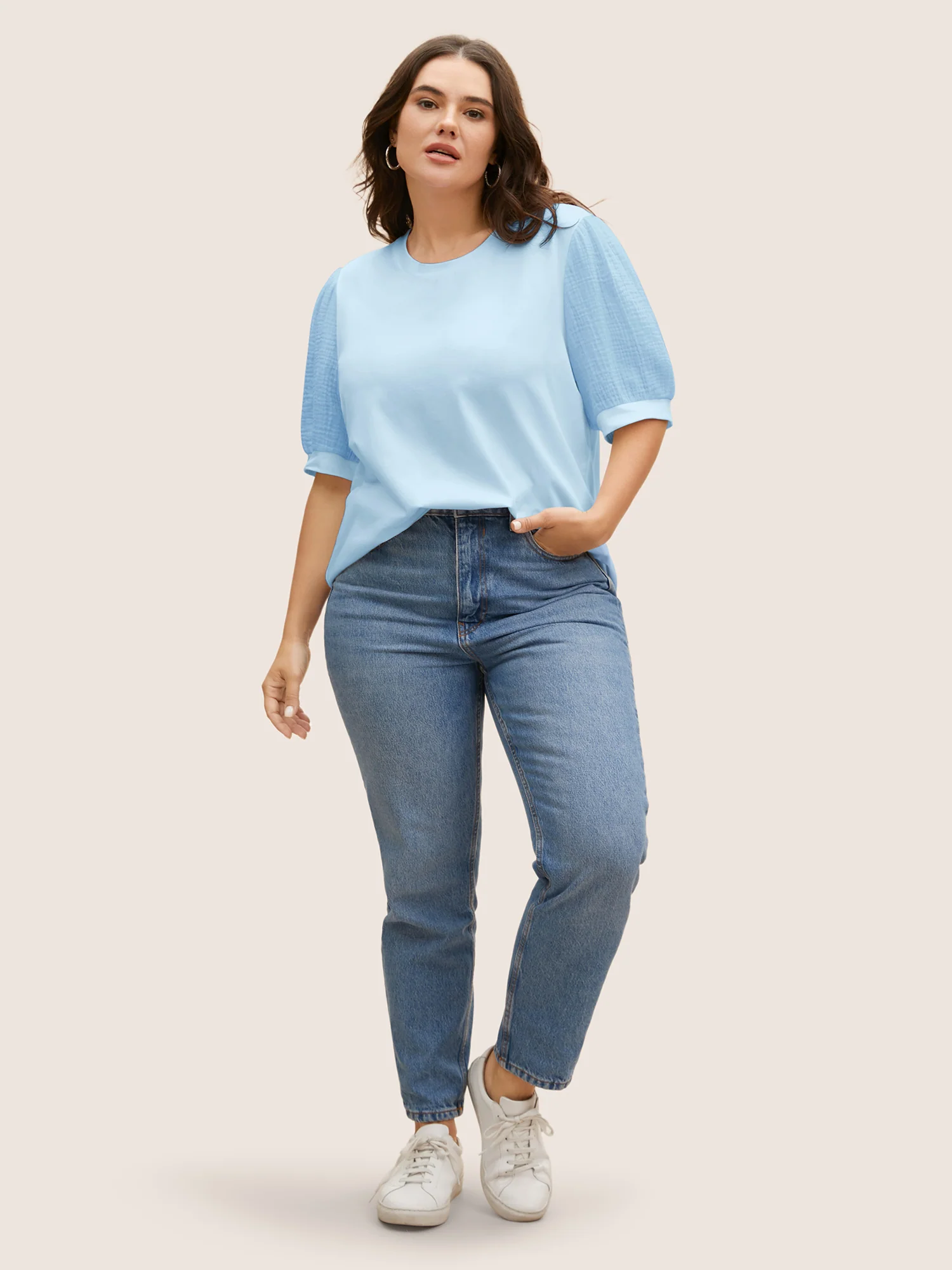Plain Textured Patchwork Lantern Sleeve T-Shirt - Image 9