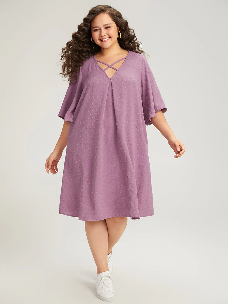 Plain Textured Plicated Detail Crisscross Ruffle Sleeve Dress - Image 3