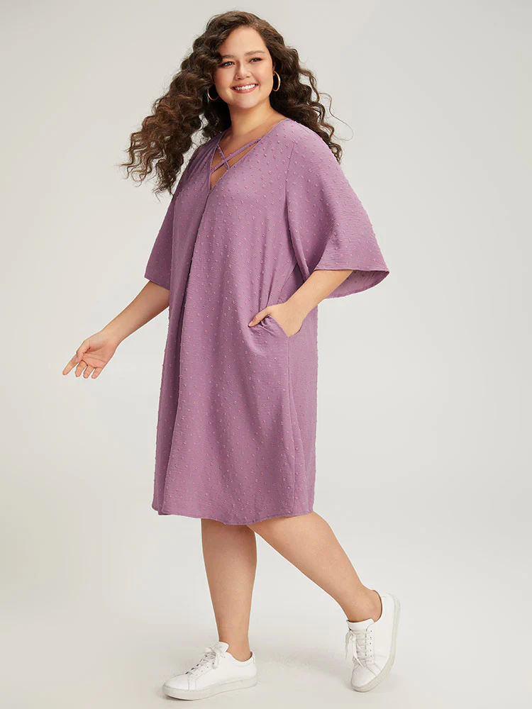 Plain Textured Plicated Detail Crisscross Ruffle Sleeve Dress - Image 4