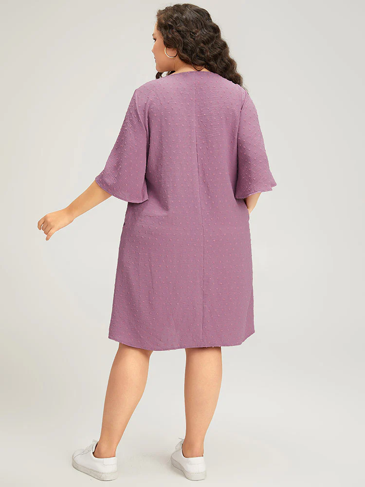 Plain Textured Plicated Detail Crisscross Ruffle Sleeve Dress - Image 5