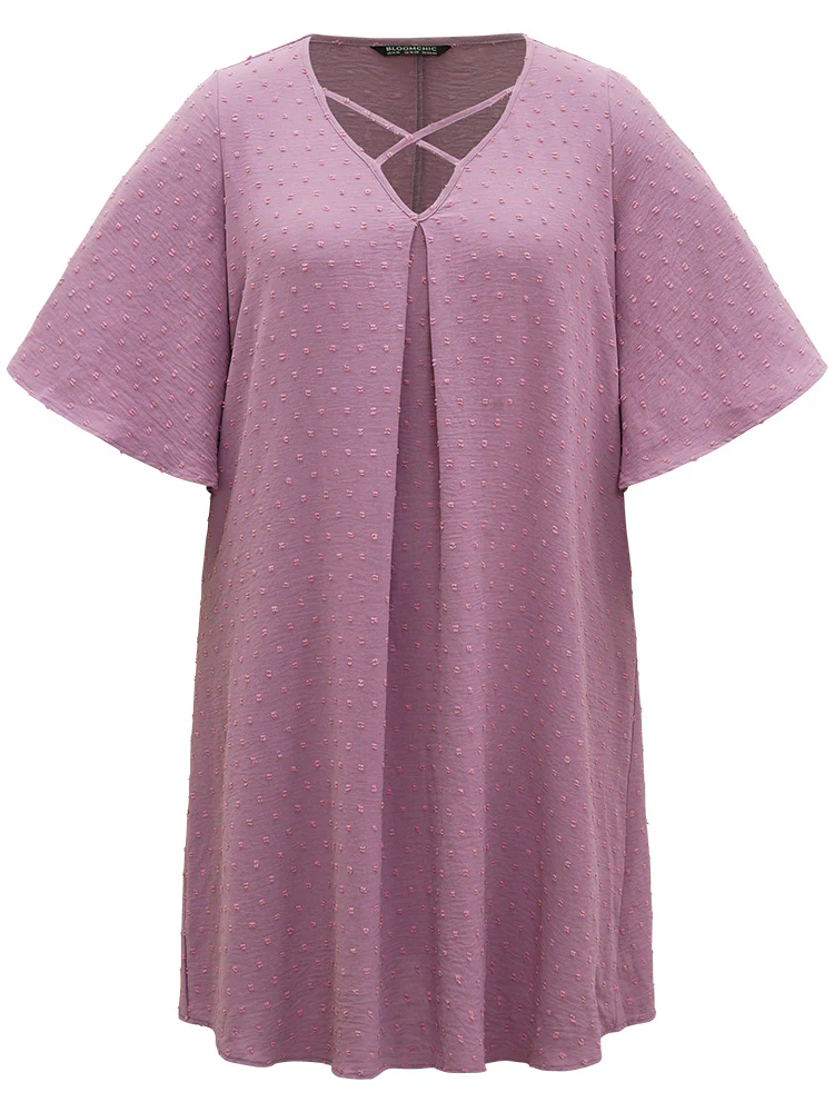 Plain Textured Plicated Detail Crisscross Ruffle Sleeve Dress - Image 9
