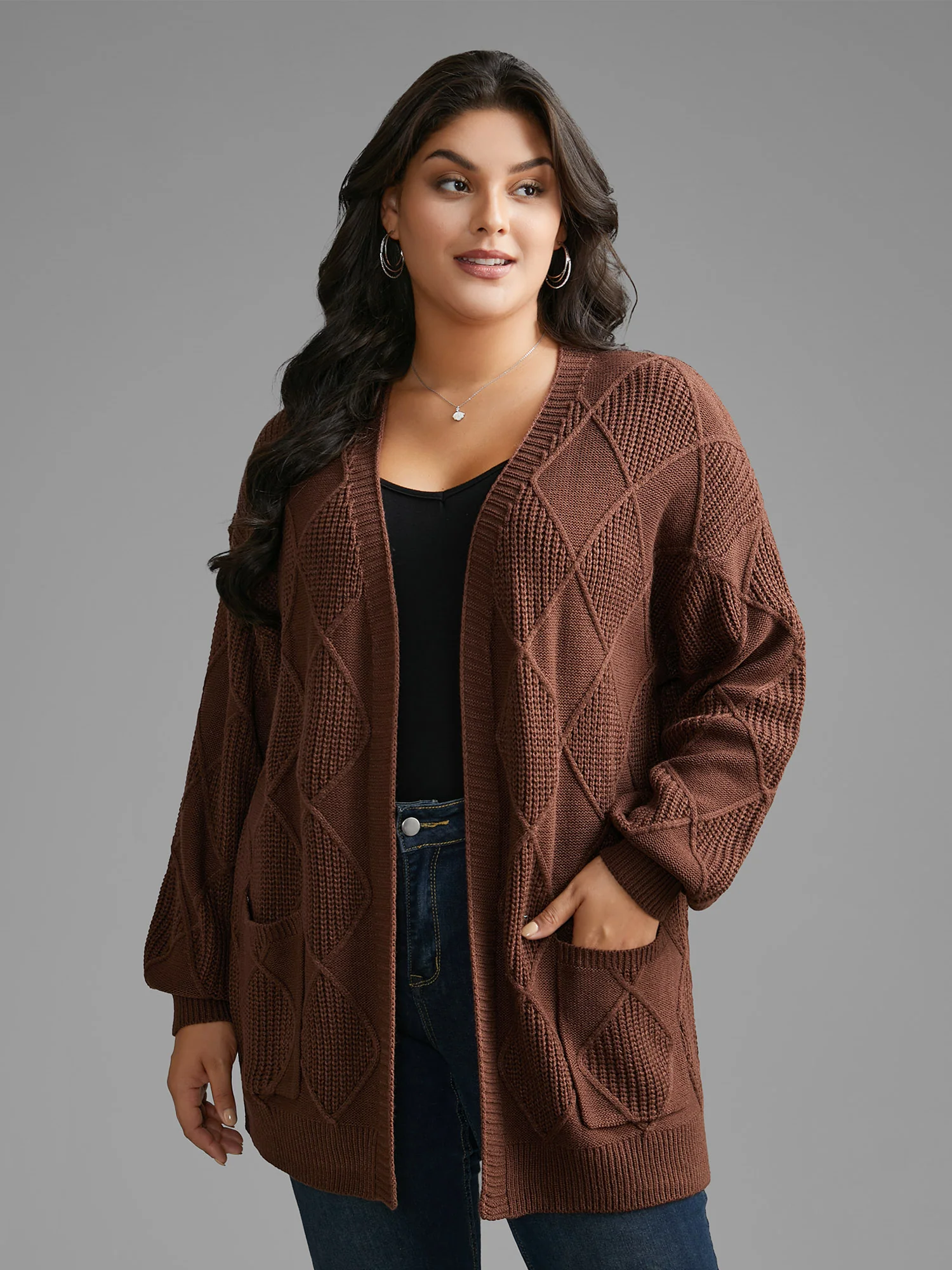 Plain Textured Pocket Drop Shoulder Cardigan - Image 3