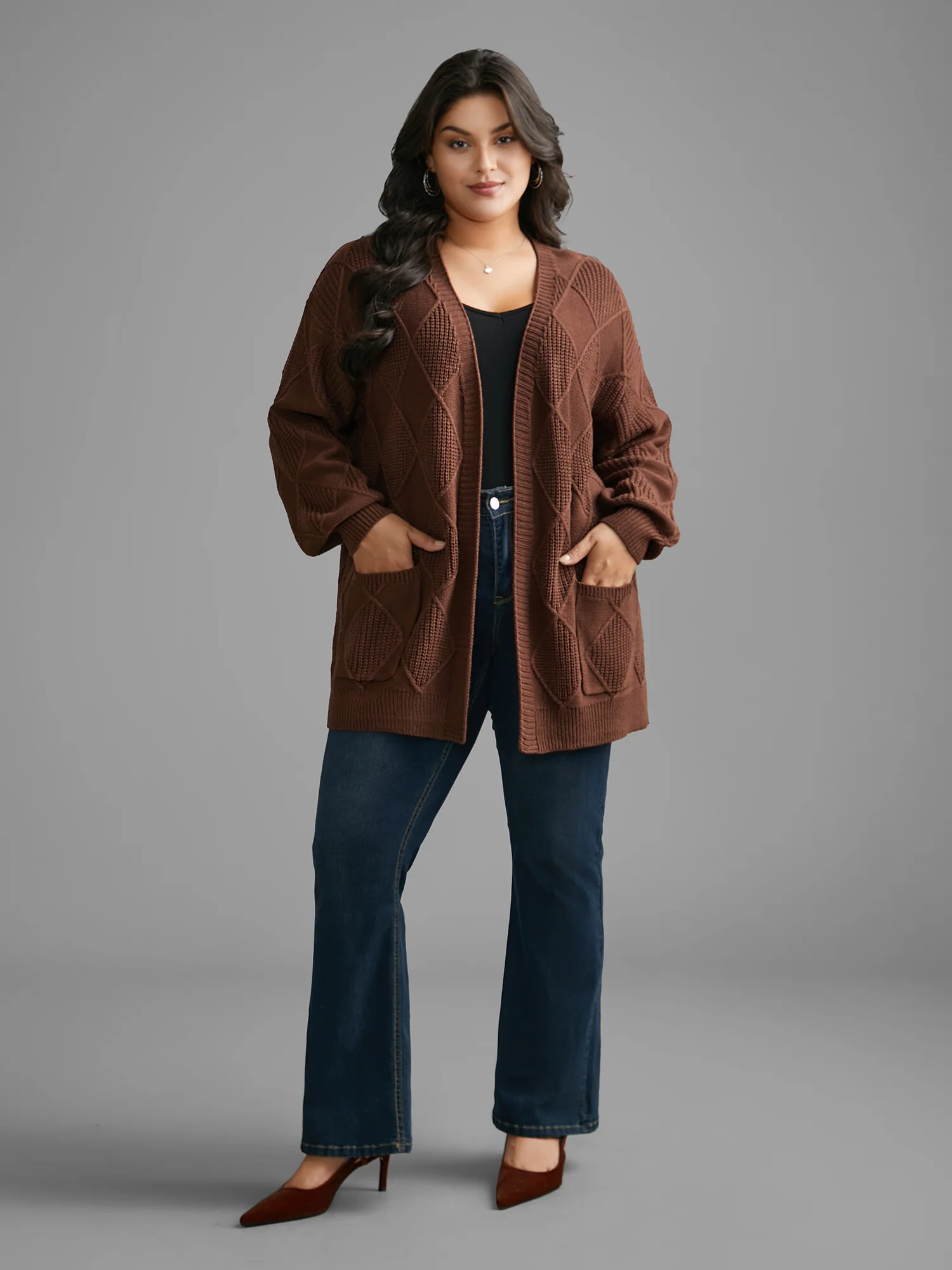 Plain Textured Pocket Drop Shoulder Cardigan - Image 4