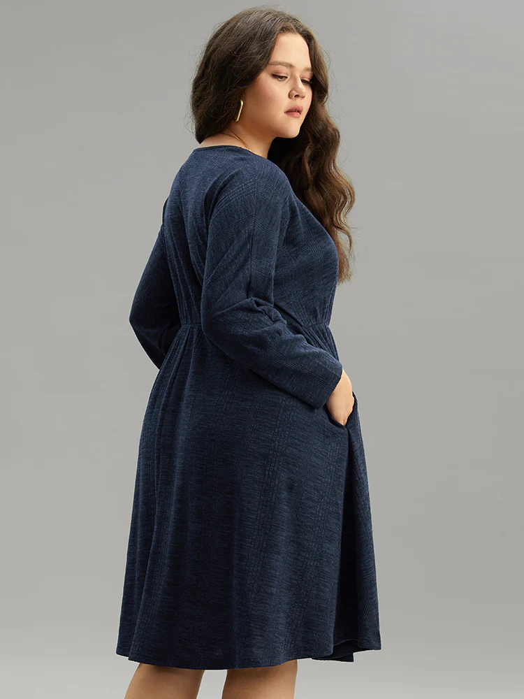 Plain Textured Pocket Elastic Waist Dress - Image 3