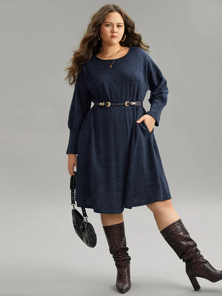 Plain Textured Pocket Elastic Waist Dress - Image 4
