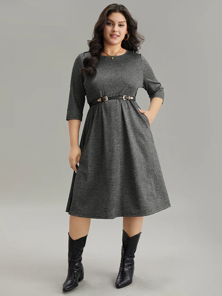 Plain Textured Pocket Elastic Waist Gathered Dress - Image 2
