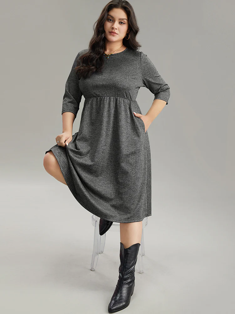 Plain Textured Pocket Elastic Waist Gathered Dress - Image 5