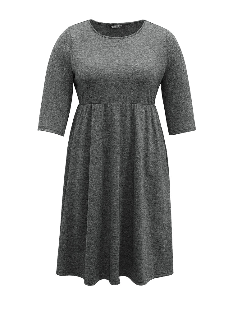 Plain Textured Pocket Elastic Waist Gathered Dress - Image 7