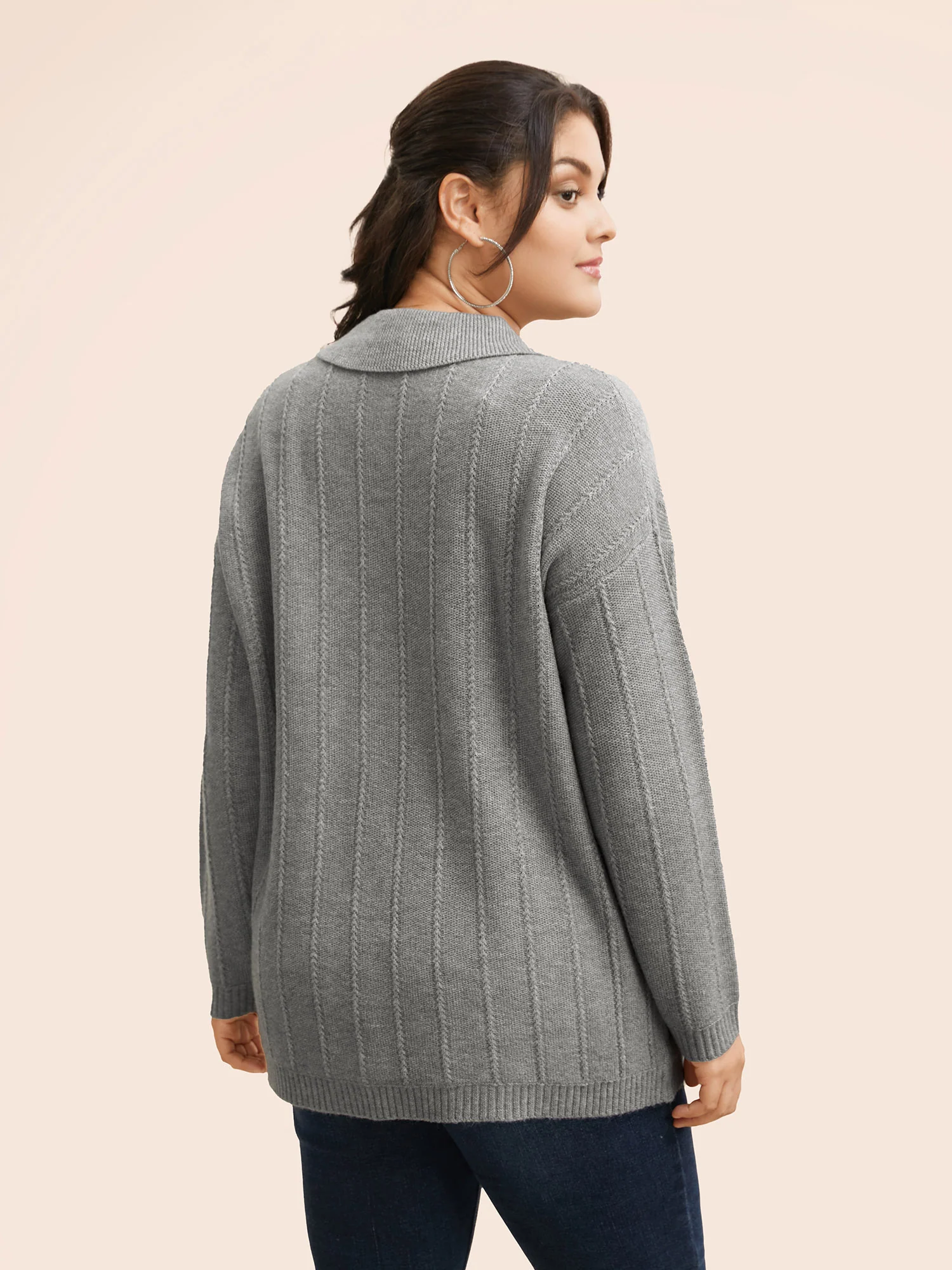 Plain Textured Polo Neck Pocket Cardigan - Image 2