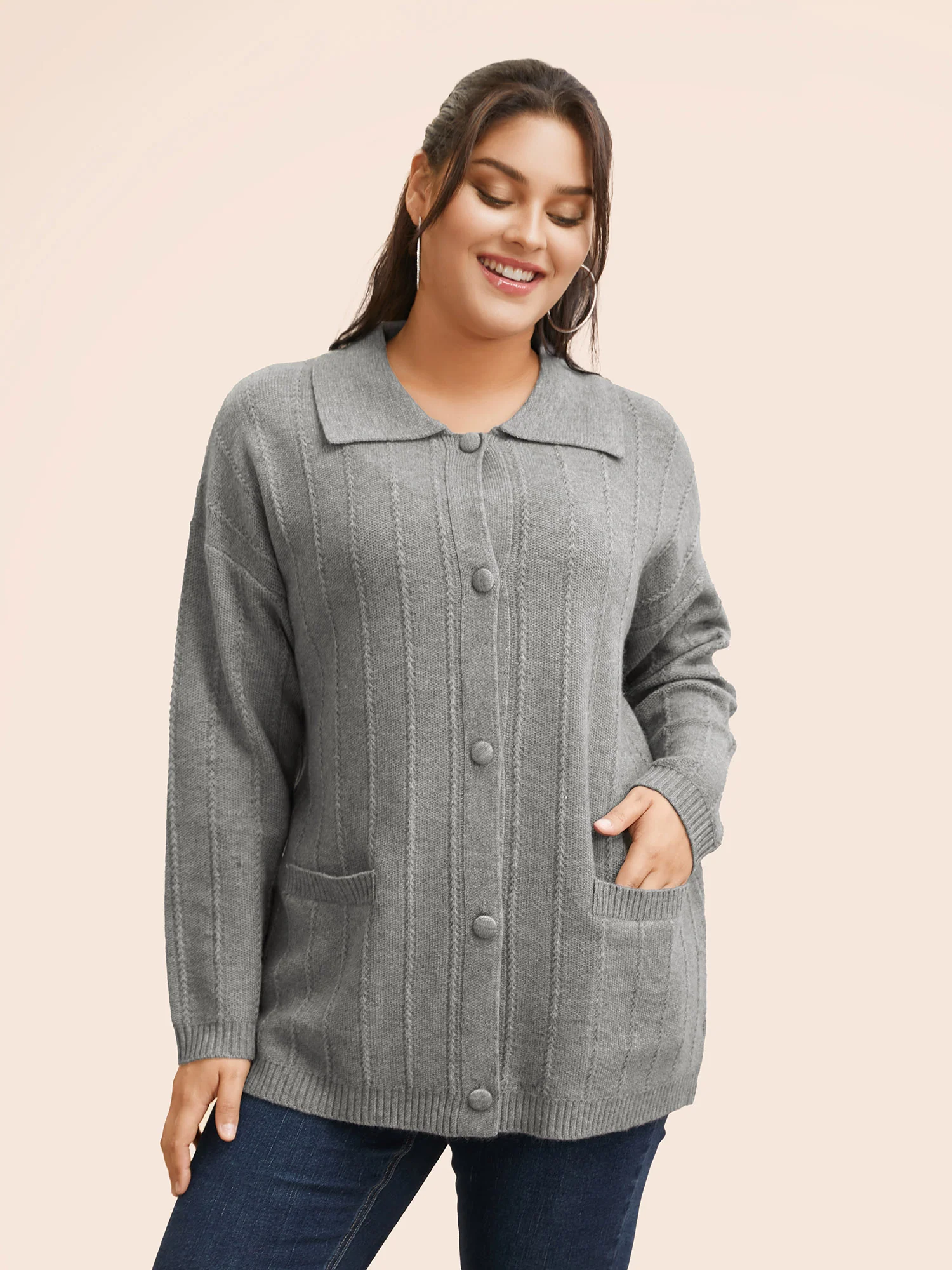 Plain Textured Polo Neck Pocket Cardigan - Image 3