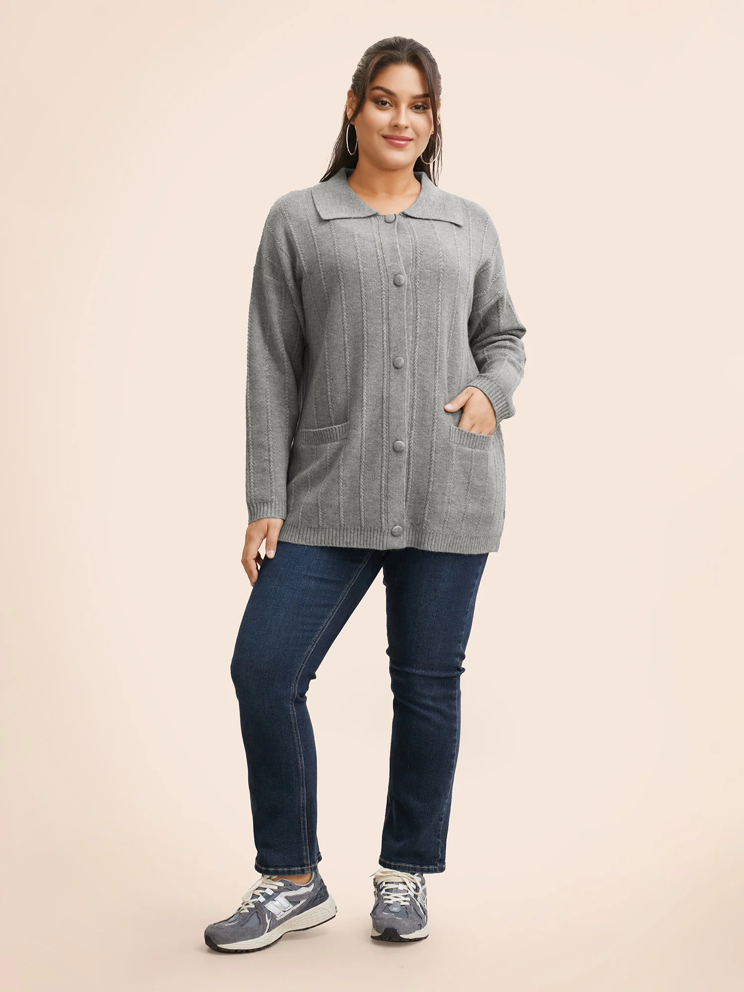 Plain Textured Polo Neck Pocket Cardigan - Image 4