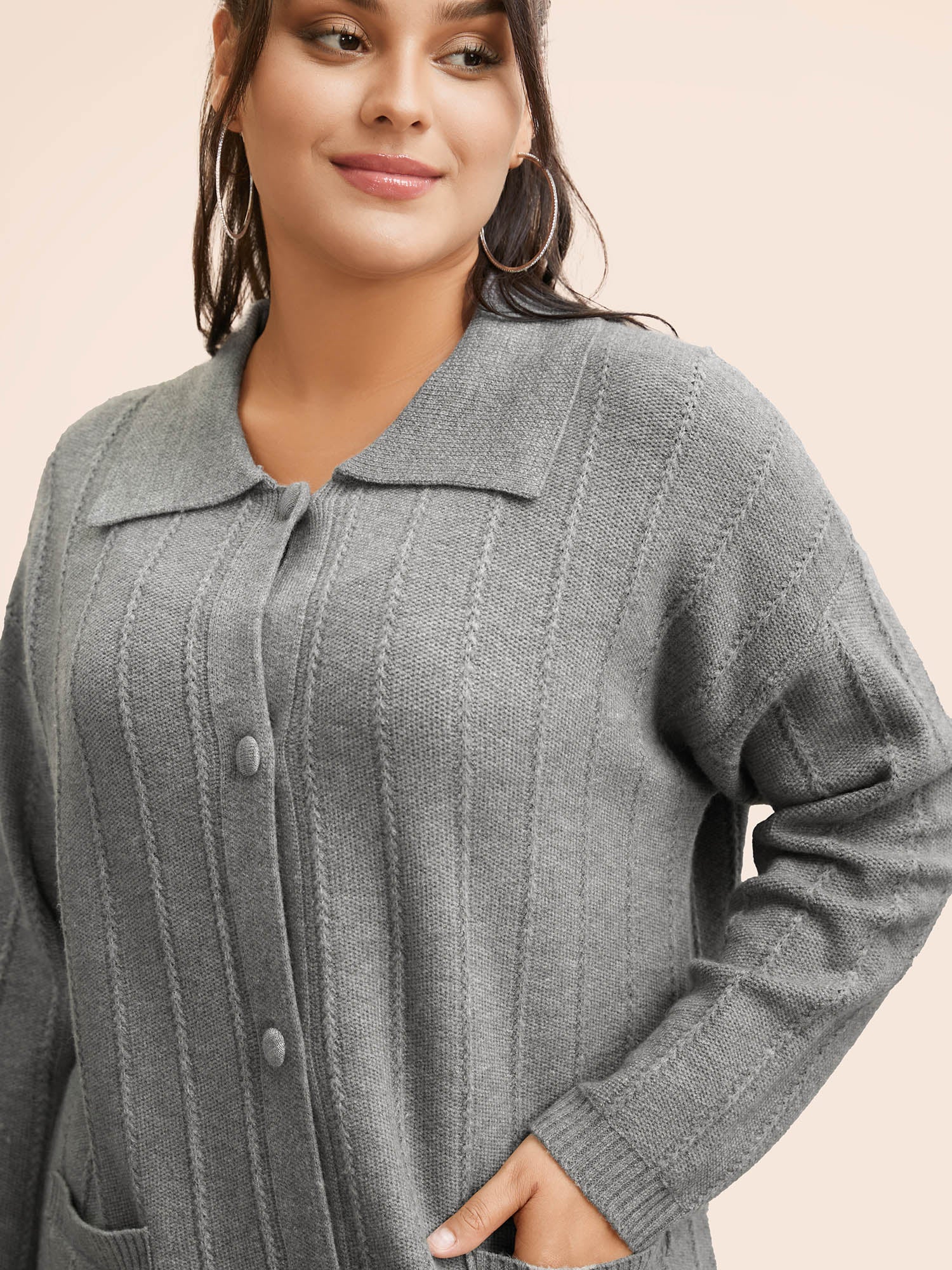 Plain Textured Polo Neck Pocket Cardigan - Image 5