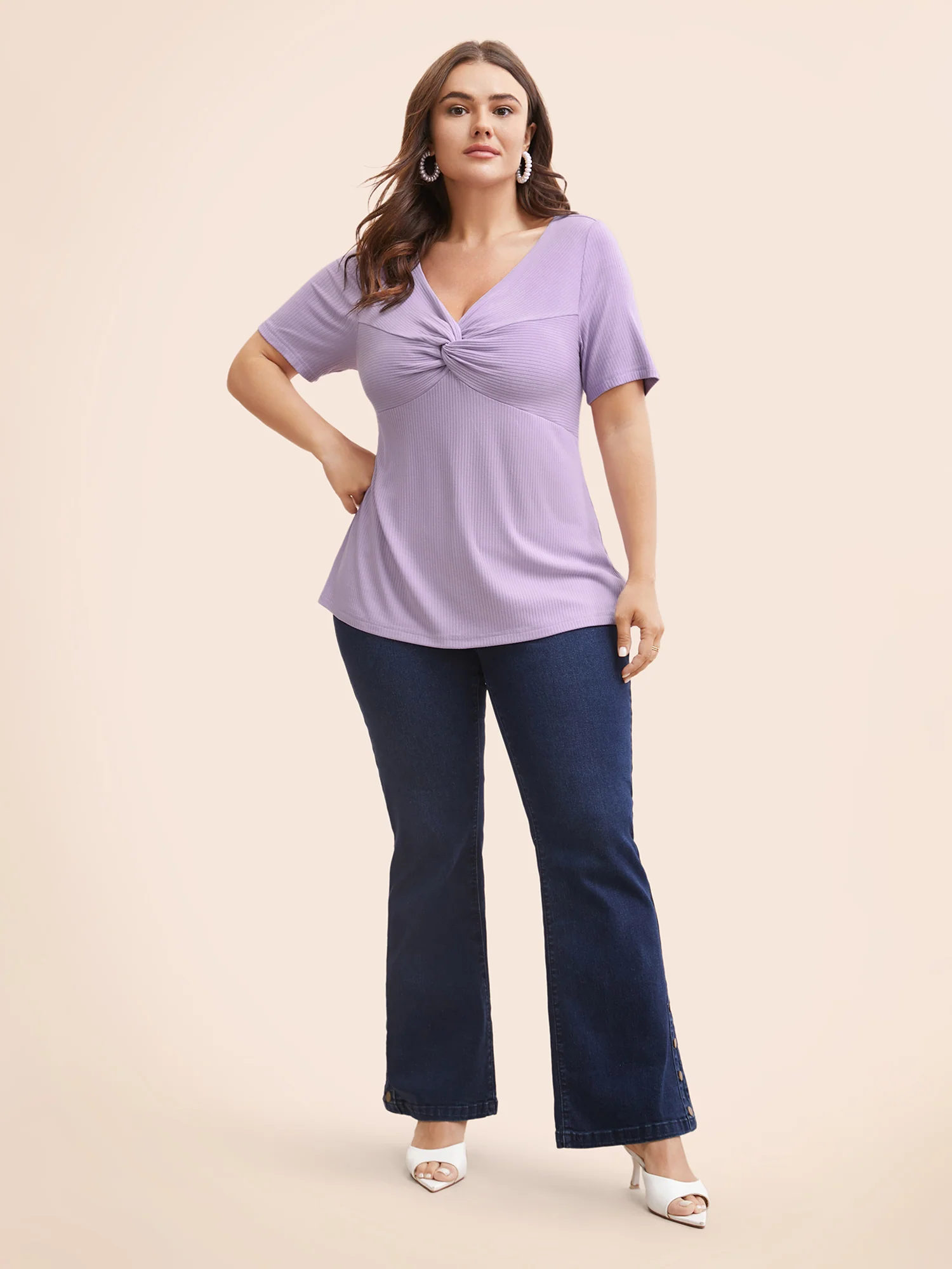 Plain Textured Rib Knit Twist Front T-shirt - Image 3