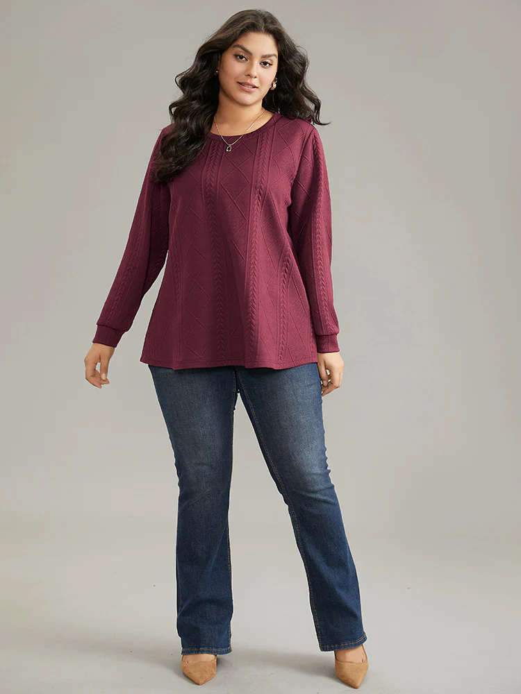 Plain Textured Round Neck Sweatshirt - Image 3