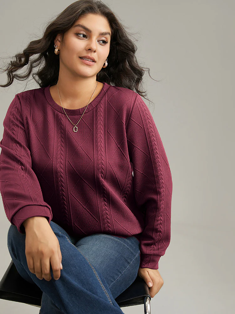 Plain Textured Round Neck Sweatshirt - Image 4