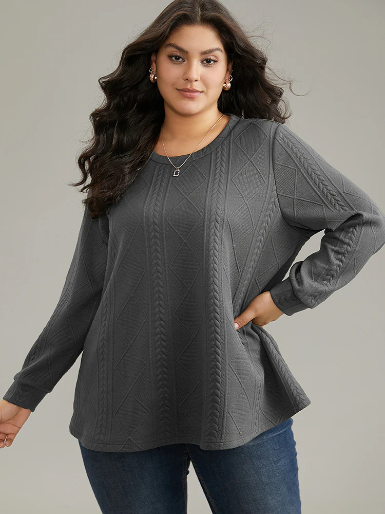 Plain Textured Round Neck Sweatshirt - Image 5