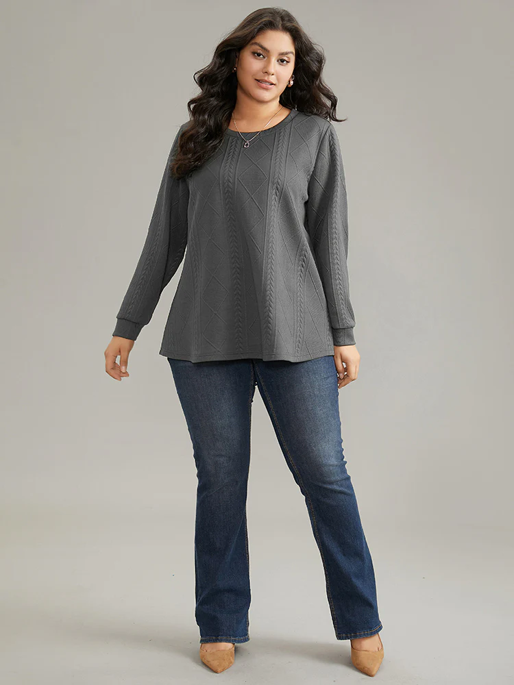 Plain Textured Round Neck Sweatshirt - Image 7