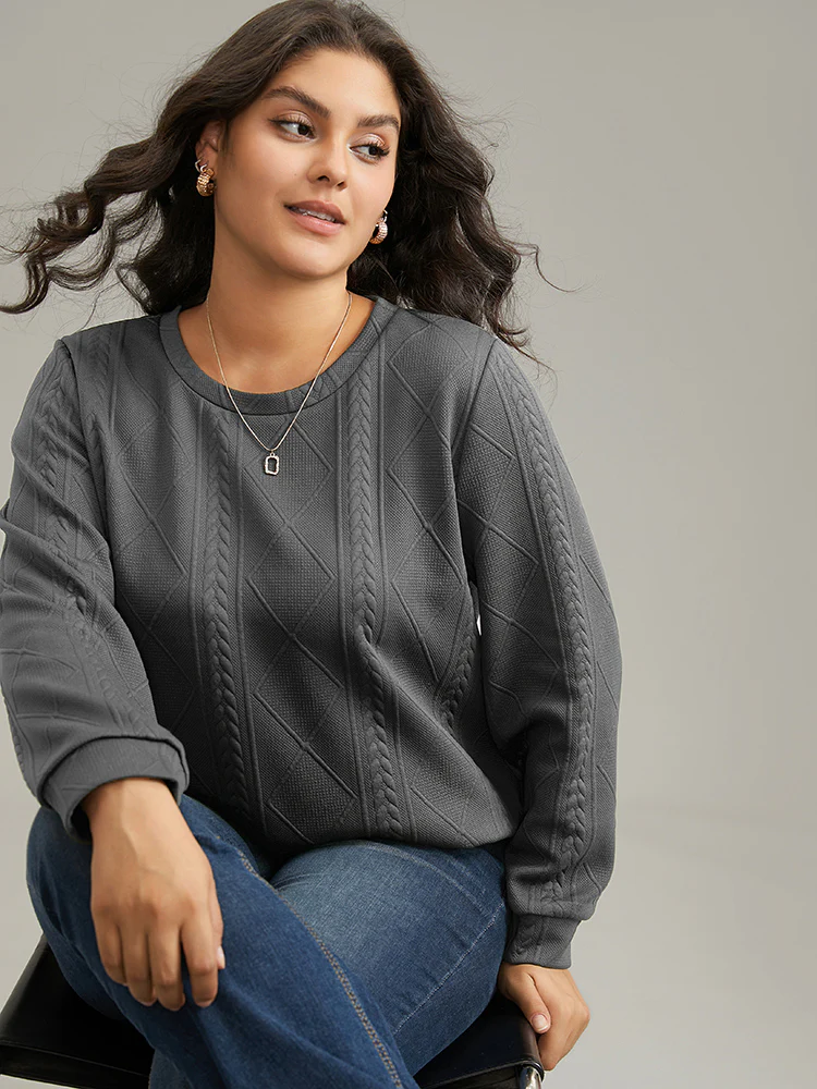 Plain Textured Round Neck Sweatshirt - Image 8