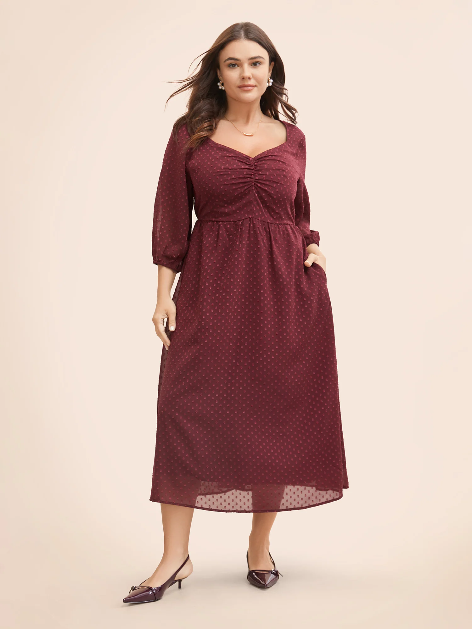 Plain Textured Ruched Lantern Sleeve Dress - Image 2