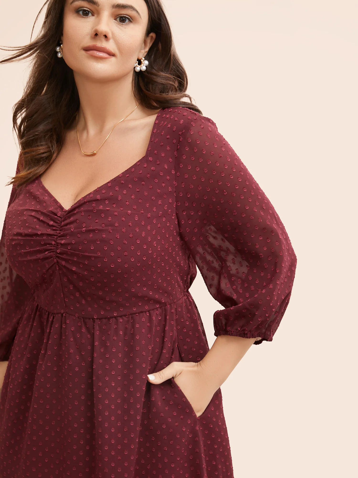 Plain Textured Ruched Lantern Sleeve Dress - Image 3