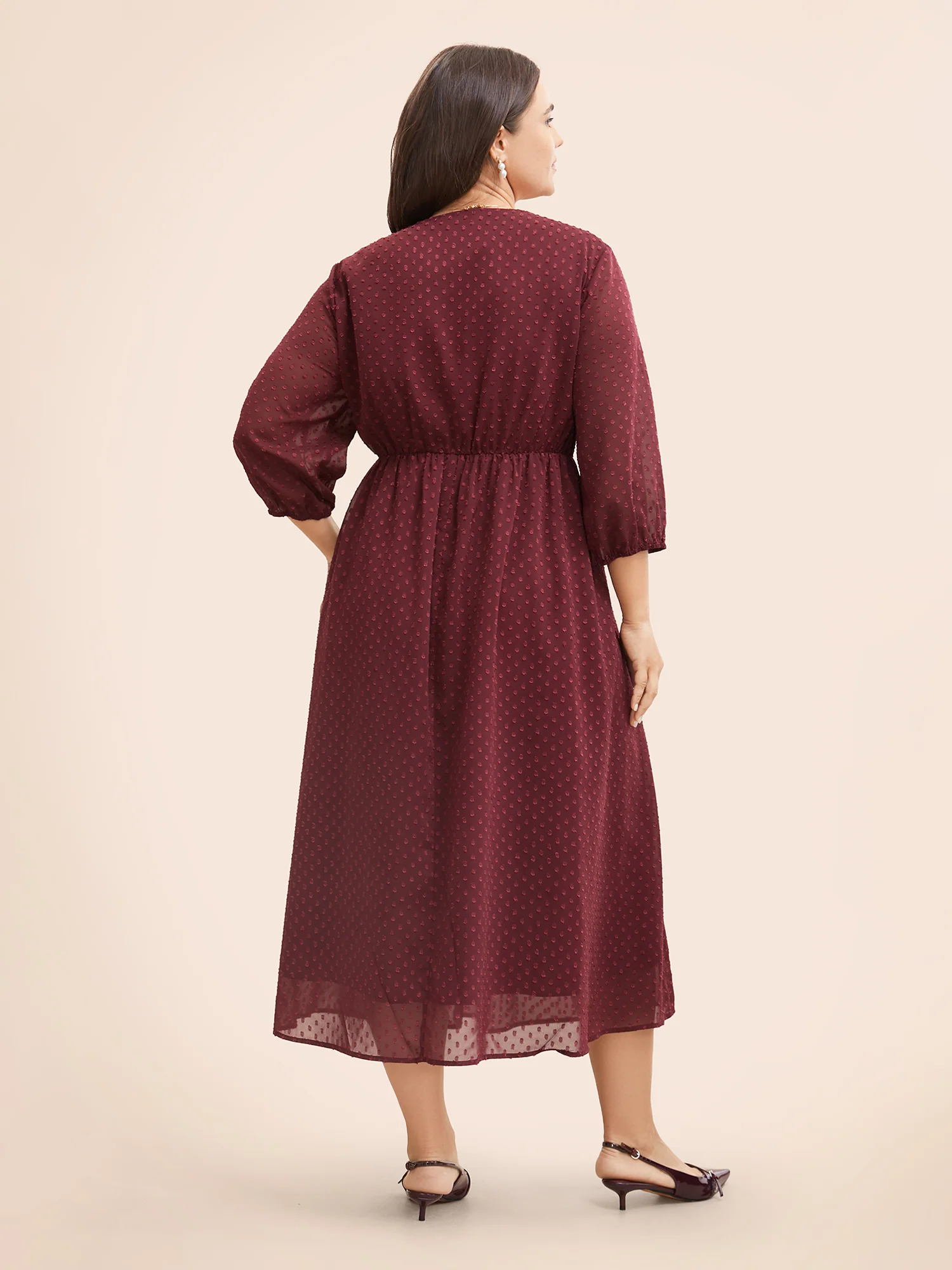 Plain Textured Ruched Lantern Sleeve Dress - Image 4